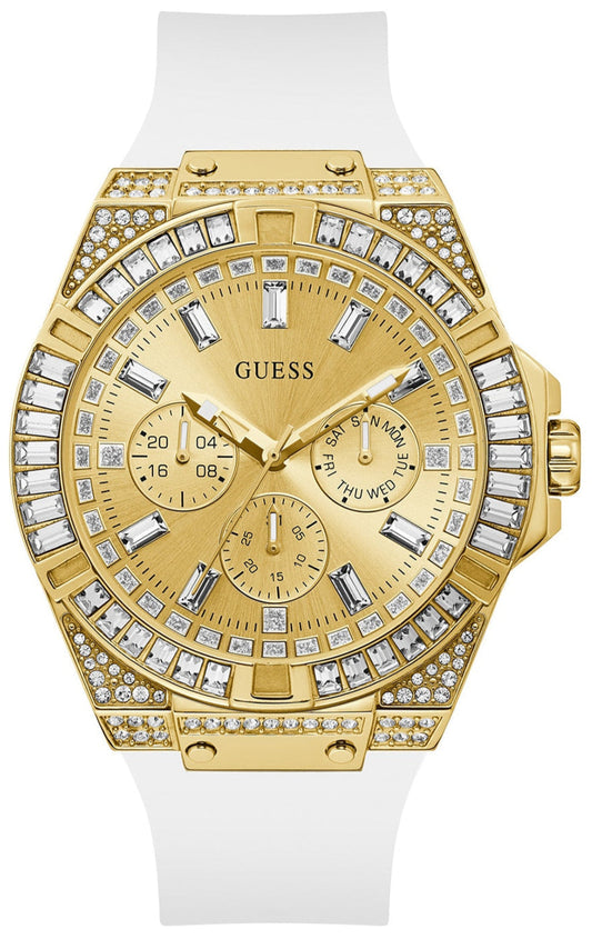  Shop Authentic Guess Baguette Crystals Gold Dial White Silicone Strap Watch For Men - GW0208G3 - Luxxuri