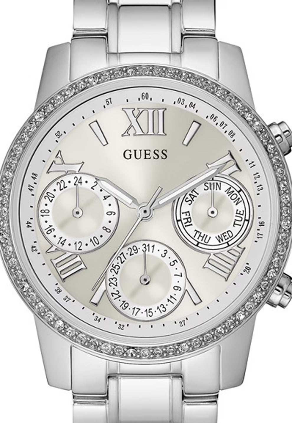  Shop Authentic Guess Mini Sunrise Chronograph Quartz Silver Dial Silver Steel Strap Watch For Women - W0623L1 - Luxxuri
