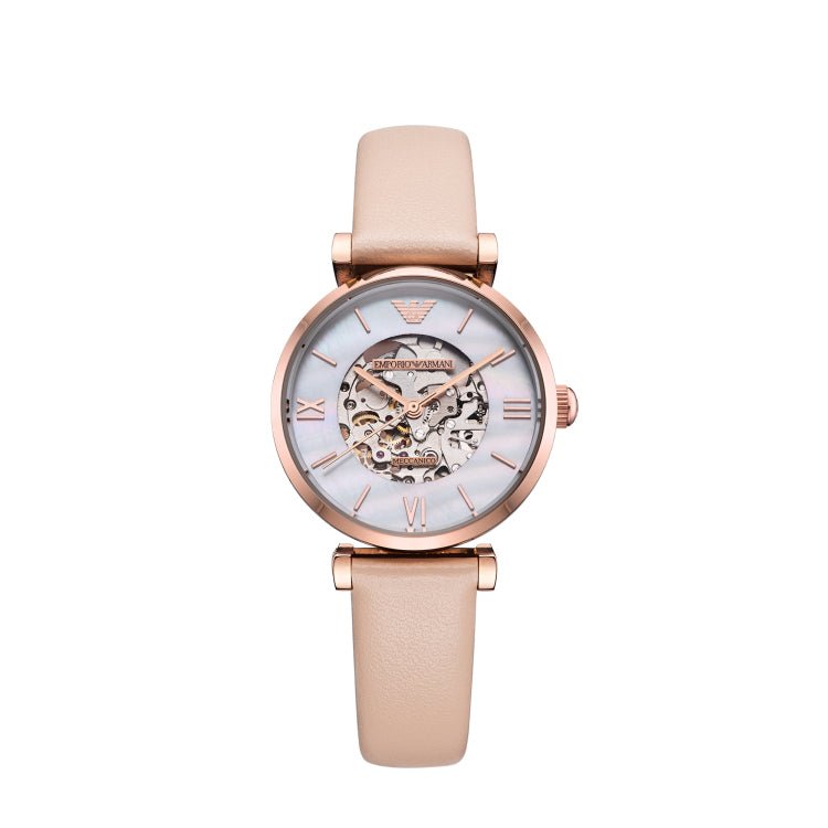 Emporio Armani Meccanico Silver Skeleton Dial Beige Leather Strap Watch For Women - AR60001