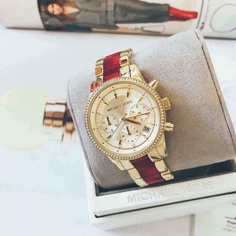  Shop Authentic Michael Kors Ritz Chronograph Gold Dial Two Tone Steel Strap Watch For Women - MK6517 - Luxxuri