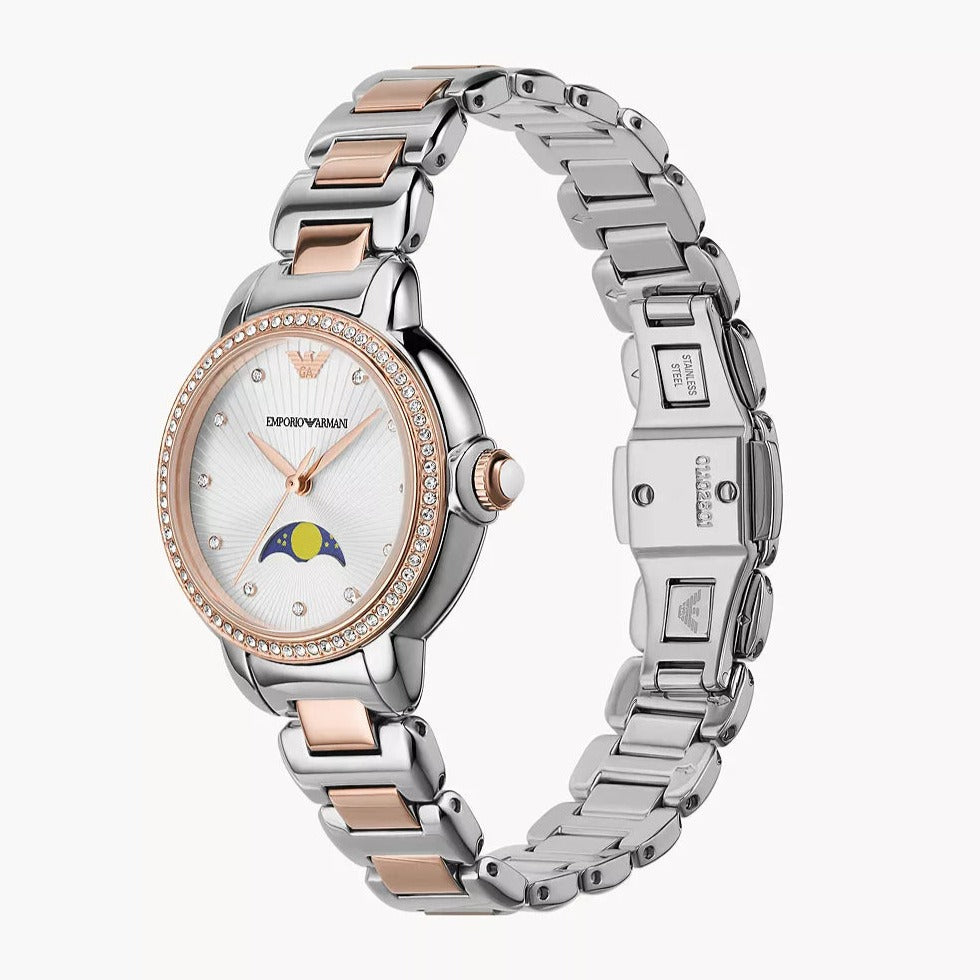  Shop Authentic Emporio Armani Mia Three Hand Moonphase Mother of Pearl Dial Two Tone Steel Strap Watch For Women - AR11567 - Luxxuri