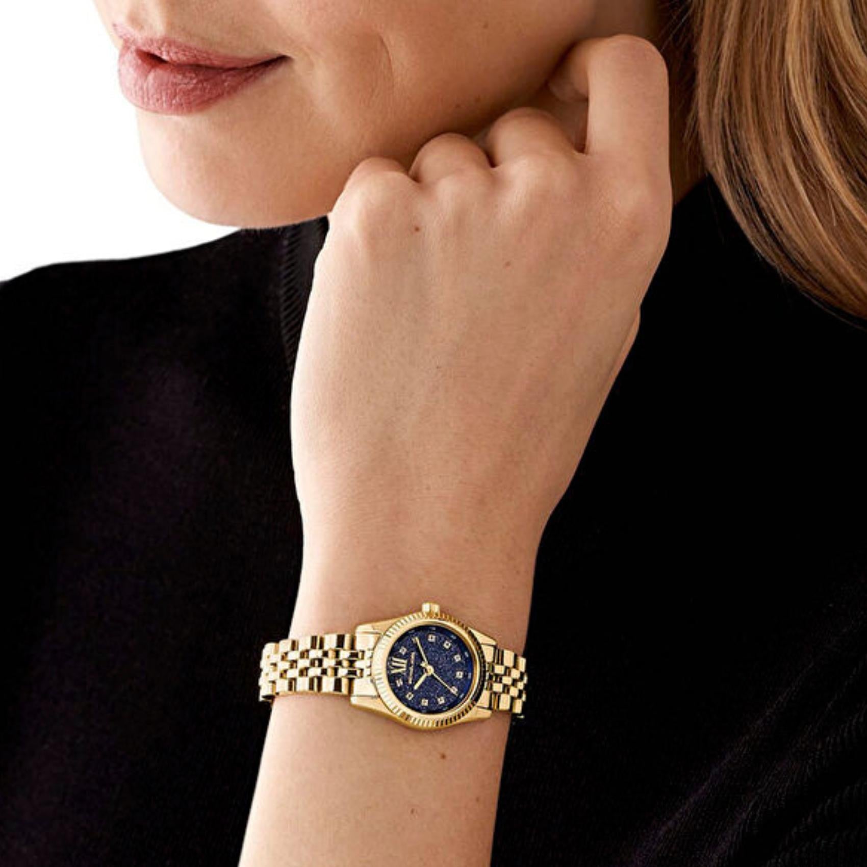  Shop Authentic Michael Kors Lexington Three-Hand Blue Dial Gold Steel Strap Watch for Women - MK4802 - Luxxuri
