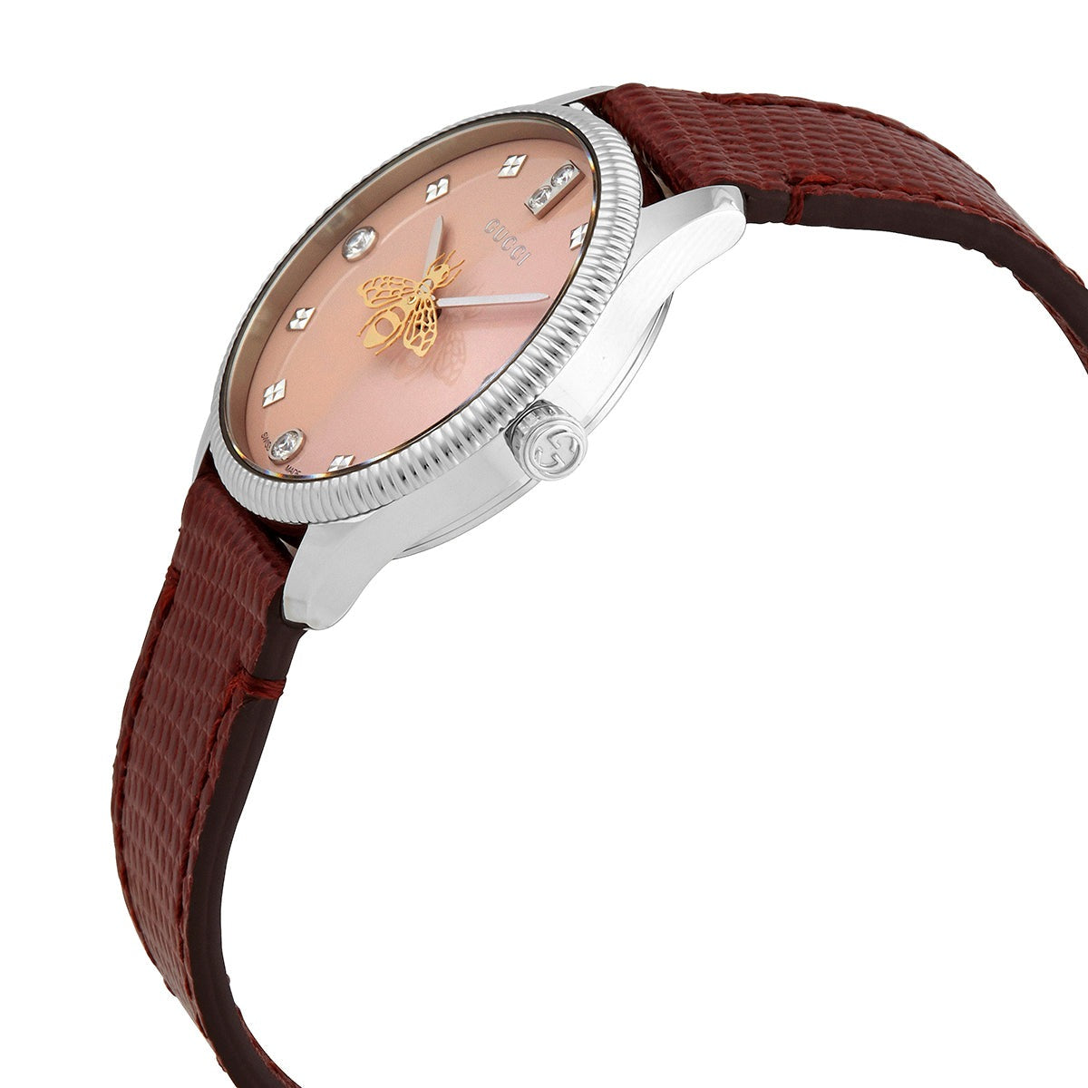  Shop Authentic Gucci G Timeless Quartz Diamonds Pink Dial Red Leather Strap Watch For Women - YA1265017 - Luxxuri