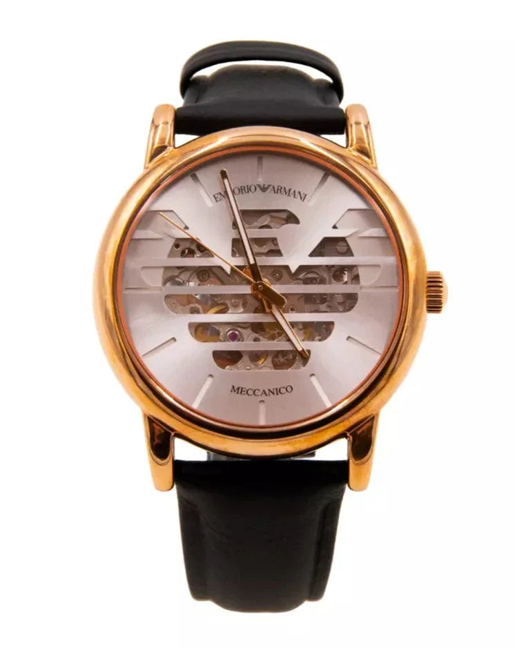  Shop Authentic Emporio Armani Meccanico Skeleton Silver Dial Black Leather Strap Watch For Men - AR60031 - Luxxuri