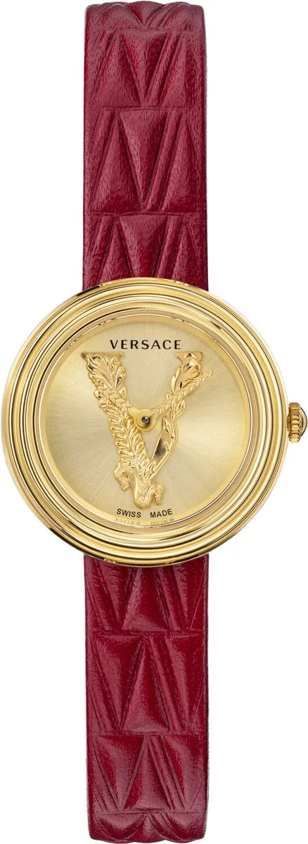  Shop Authentic Versace Virtus Mini Quartz Gold Dial Red Leather Strap Watch For Women - VET300521 - Luxxuri