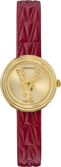  Shop Authentic Versace Virtus Mini Quartz Gold Dial Red Leather Strap Watch For Women - VET300521 - Luxxuri