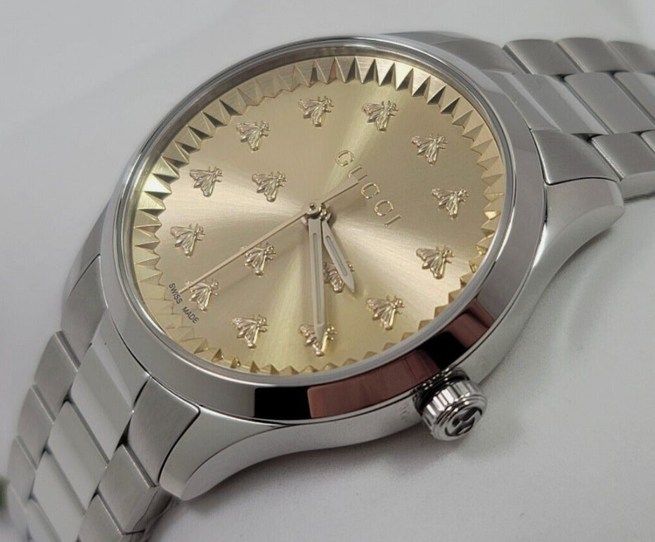  Shop Authentic Gucci G Timeless Quartz Gold Dial Silver Steel Strap Watch for Women - YA1265035 - Luxxuri