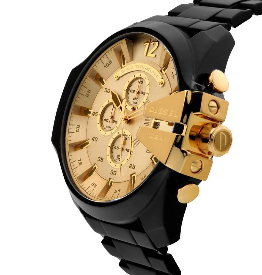  Shop Authentic Diesel Mega Chief Chronograph Gold Dial Black Steel Strap Watch For Men - DZ4485 - Luxxuri