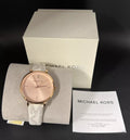  Shop Authentic Michael Kors Jayne Three Hand Rose Gold Dial White Leather Strap Watch For Women - MK7128 - Luxxuri