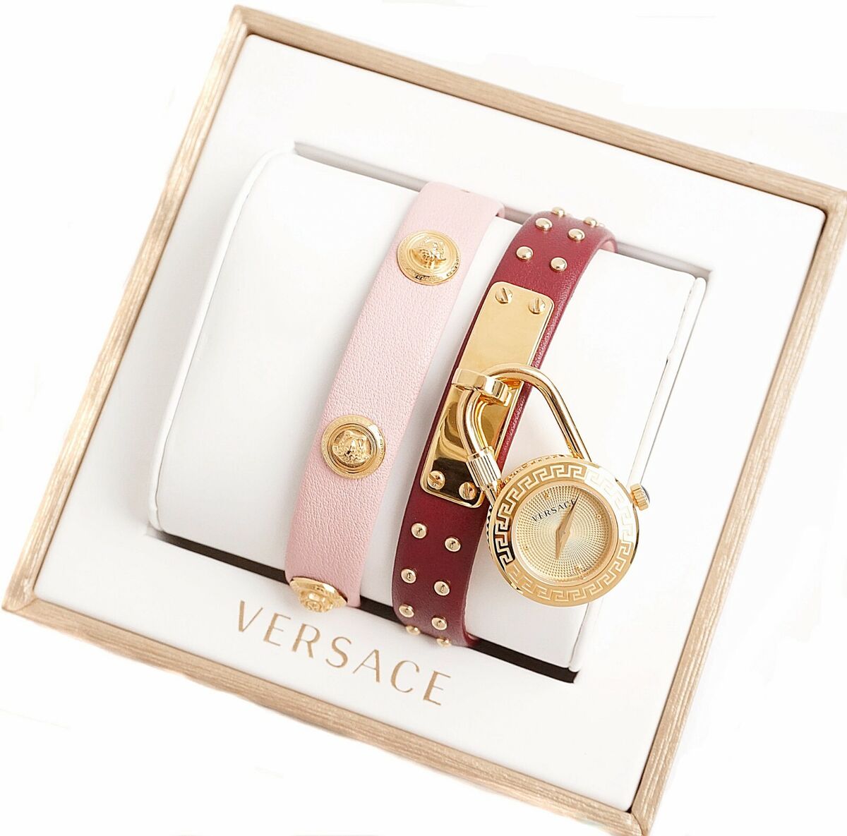 Shop Authentic Versace Medusa Lock Icon Gold Dial Red Leather Strap Watch for Women - VEDW00319 - Luxxuri