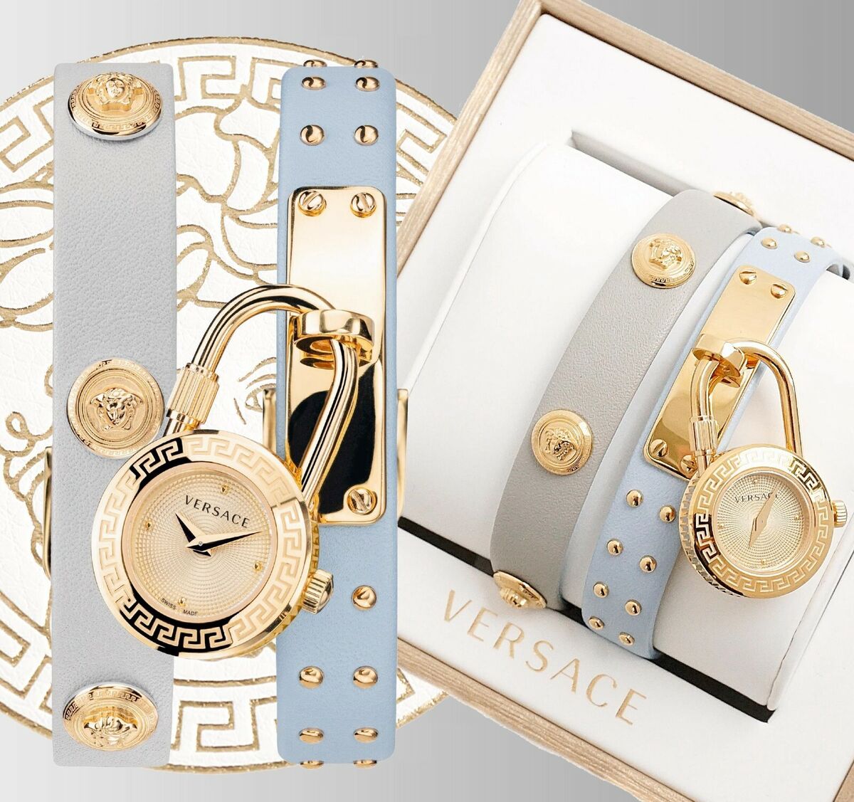  Shop Authentic Versace Medusa Lock Icon Quartz White Dial Blue Leather Strap Watch for Women - VEDW00419 - Luxxuri