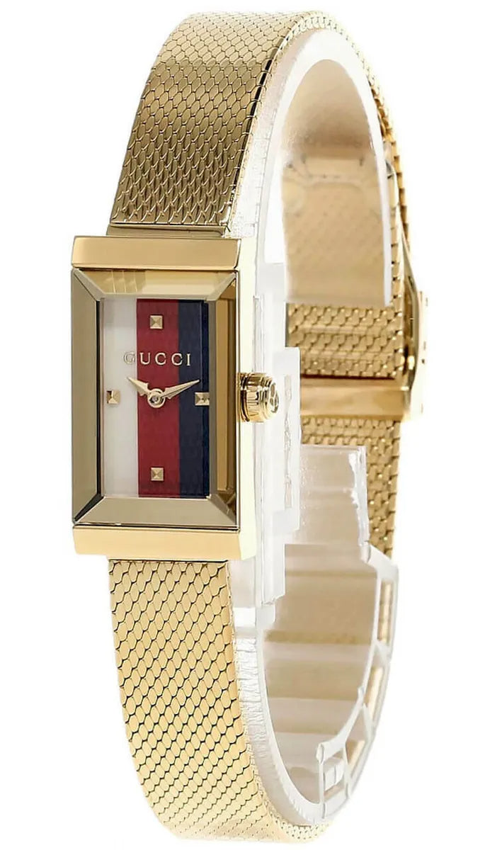  Shop Authentic Gucci G Frame Quartz Diamonds White Red Blue Dial Gold Mesh Bracelet Watch For Women - YA147511 - Luxxuri