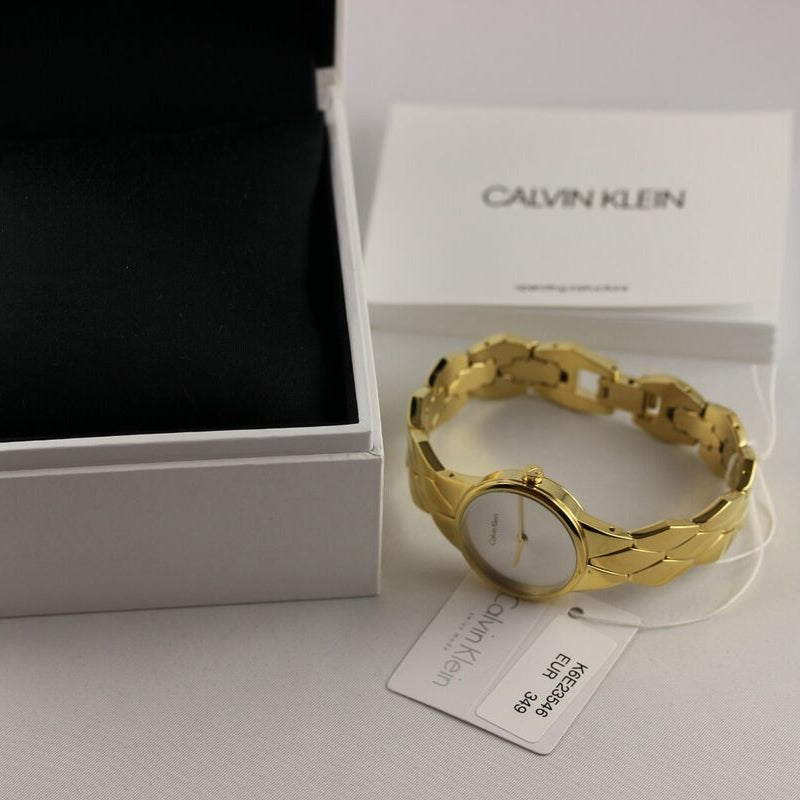  Shop Authentic Calvin Klein Snake Silver Dial Yellow Gold Steel Strap Watch For Women - K6E23546 - Luxxuri