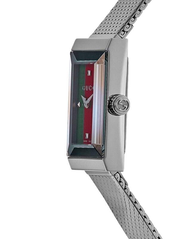  Shop Authentic Gucci G Frame Quartz Diamonds Green & Red Mother of Pearl Dial Silver Mesh Bracelet Watch For Women - YA147510 - Luxxuri