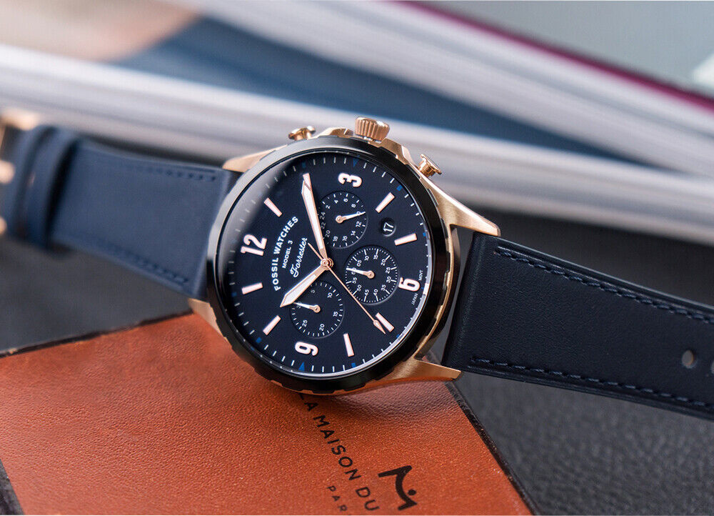  Shop Authentic Fossil Forrester Chronograph Blue Dial Blue Leather Strap Watch for Men - FS5814 - Luxxuri