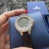  Shop Authentic Swarovski Lovely Crystals Mother of Pearl Black Dial Black Leather Strap Watch for Women - 5242898 - Luxxuri