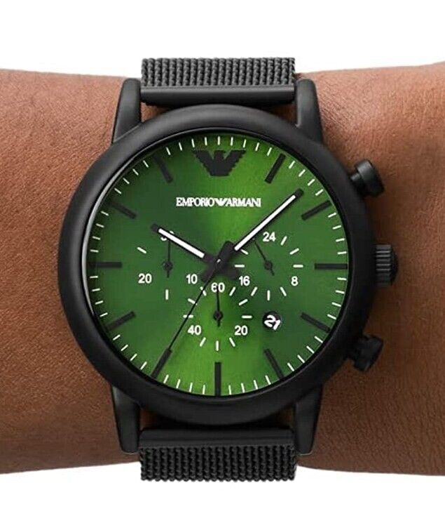  Shop Authentic Emporio Armani Luigi Chronograph Green Dial Black Mesh Bracelet Watch For Men - AR11470 - Luxxuri