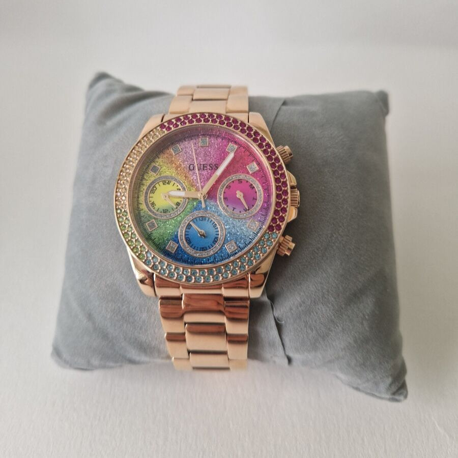  Shop Authentic Guess Confetti Chronograph Rainbow Dial Gold Steel Strap Watch For Women  - GW0483L4 - Luxxuri