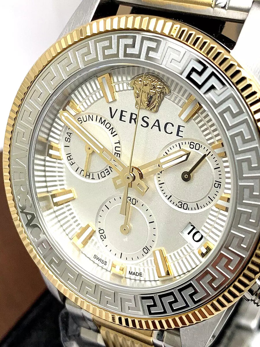  Shop Authentic Versace Greca Action Chronograph Quartz Silver Dial Two Tone Steel Strap Watch for Men - VE3J00522 - Luxxuri