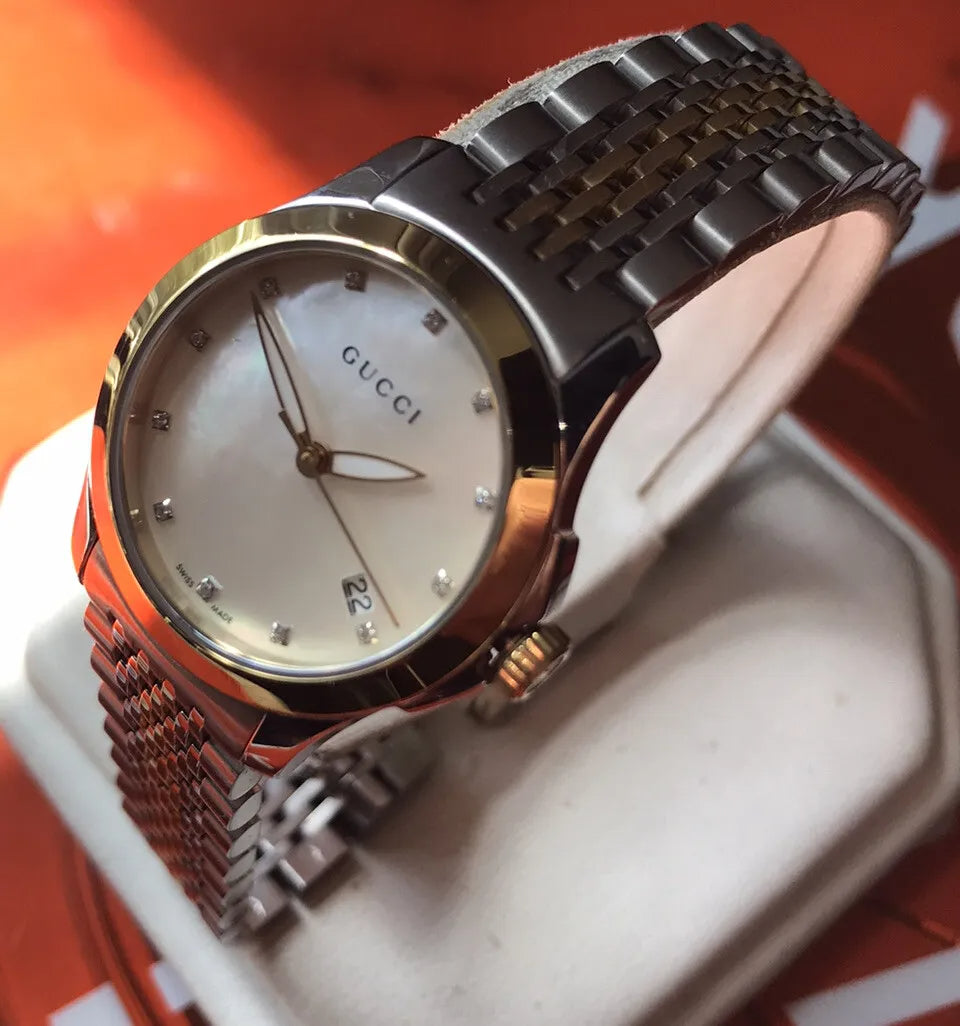  Shop Authentic Gucci G Timeless Diamonds Mother of Pearl Dial Two Tone Mesh Bracelet Watch for Women - YA126513 - Luxxuri