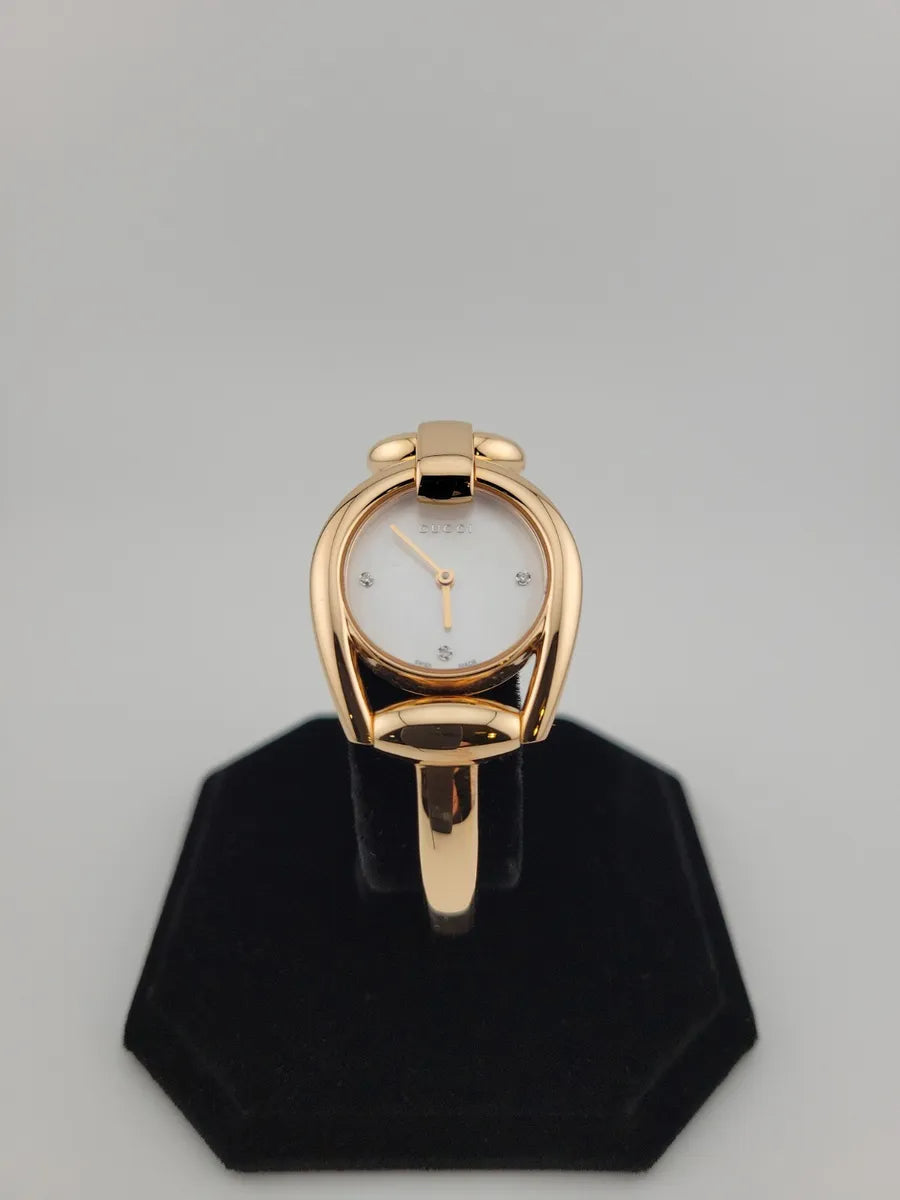  Shop Authentic Gucci Horsebit Collection Diamonds Mother of Pearl Dial Rose Gold Steel Strap Watch For Women - YA139508 - Luxxuri