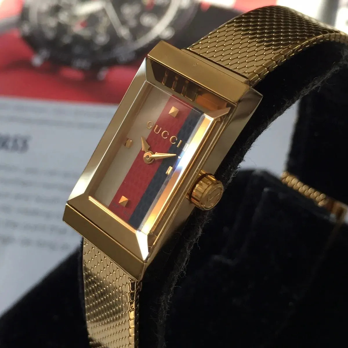 Gucci G Frame Quartz Diamonds White Red Blue Dial Gold Mesh Bracelet Watch For Women - YA147511