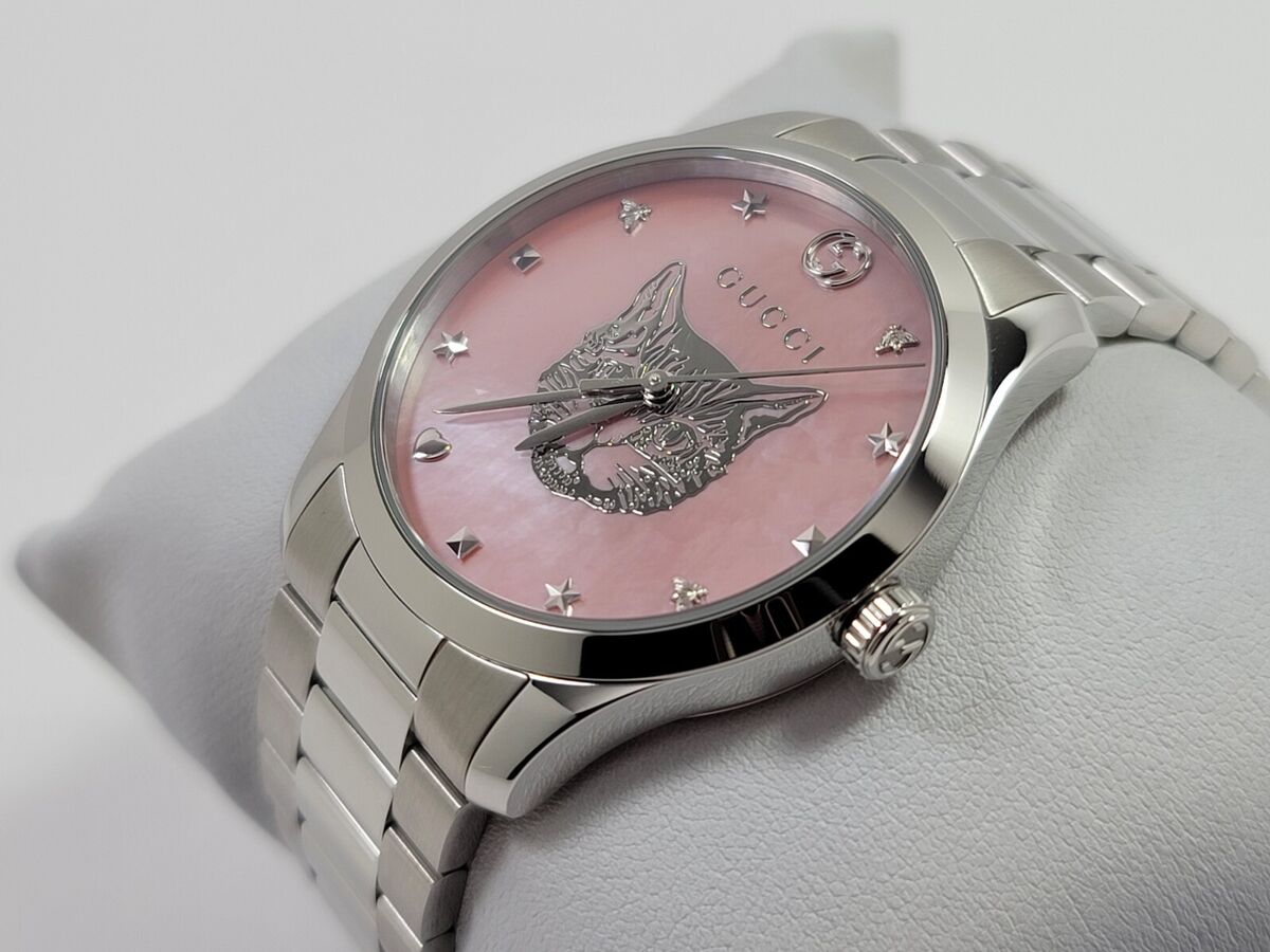  Shop Authentic Gucci G Timeless Quartz Mother of Pearl Pink Dial Silver Steel Strap Watch for Women - YA1264166 - Luxxuri