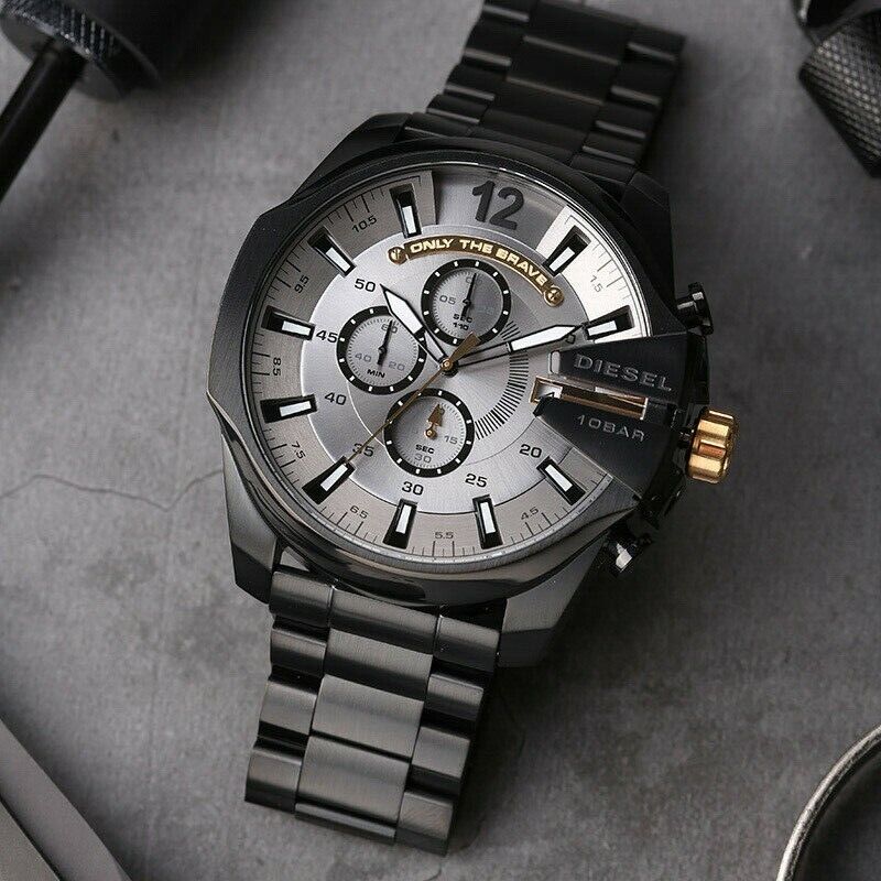  Shop Authentic Diesel Mega Chief Chronograph Grey Dial Black Steel Strap Watch For Men - DZ4479 - Luxxuri