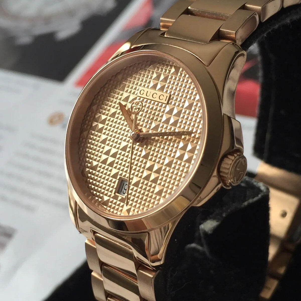  Shop Authentic Gucci G Timeless Quartz Gold Dial Gold Steel Strap Watch For Women - YA126482 - Luxxuri