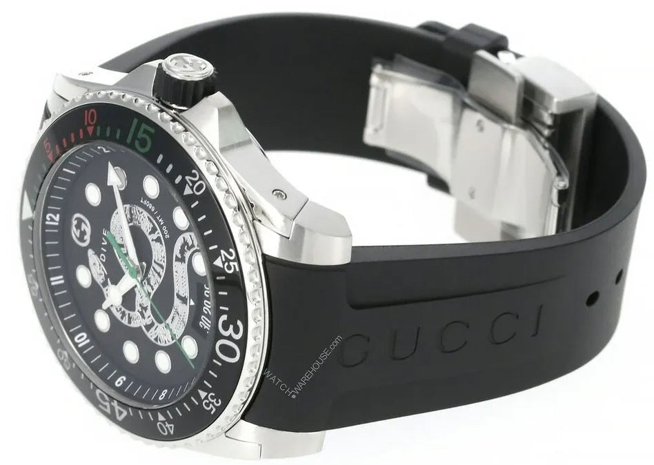  Shop Authentic Gucci Dive Quartz Kingsnake Black Dial Black Rubber Strap Watch For Men - YA136217 - Luxxuri
