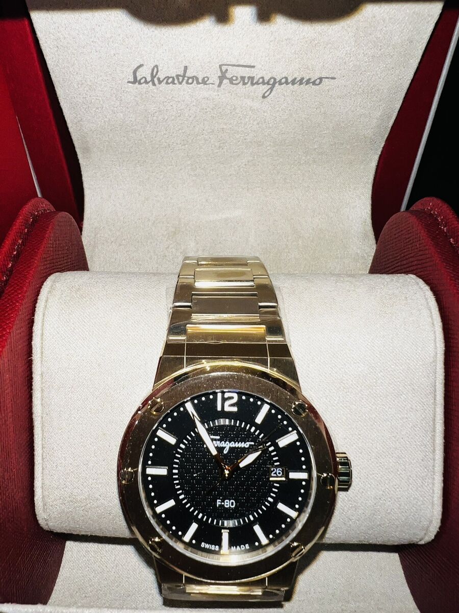 Salvatore Ferragamo F-80 Classic Black Dial Gold Steel Strap Watch for Men - SFHY00821