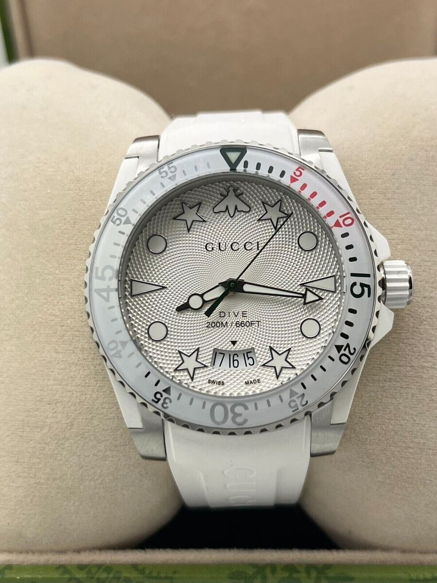 Shop Authentic Gucci Dive Quartz White Dial White Rubber Strap Watch For Men - YA136337 - Luxxuri
