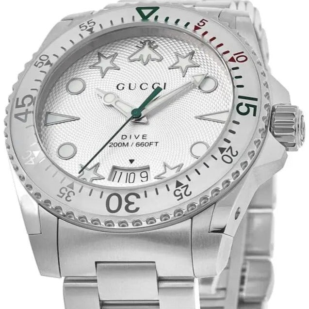 Shop Authentic Gucci Dive Quartz White Dial Silver Steel Strap Watch For Men - YA136336 - Luxxuri