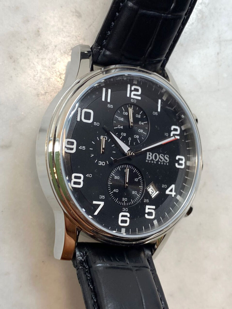  Shop Authentic Hugo Boss Aeroliner Chronograph Black Dial Black Leather Strap Watch For Men - 1512448 - Luxxuri