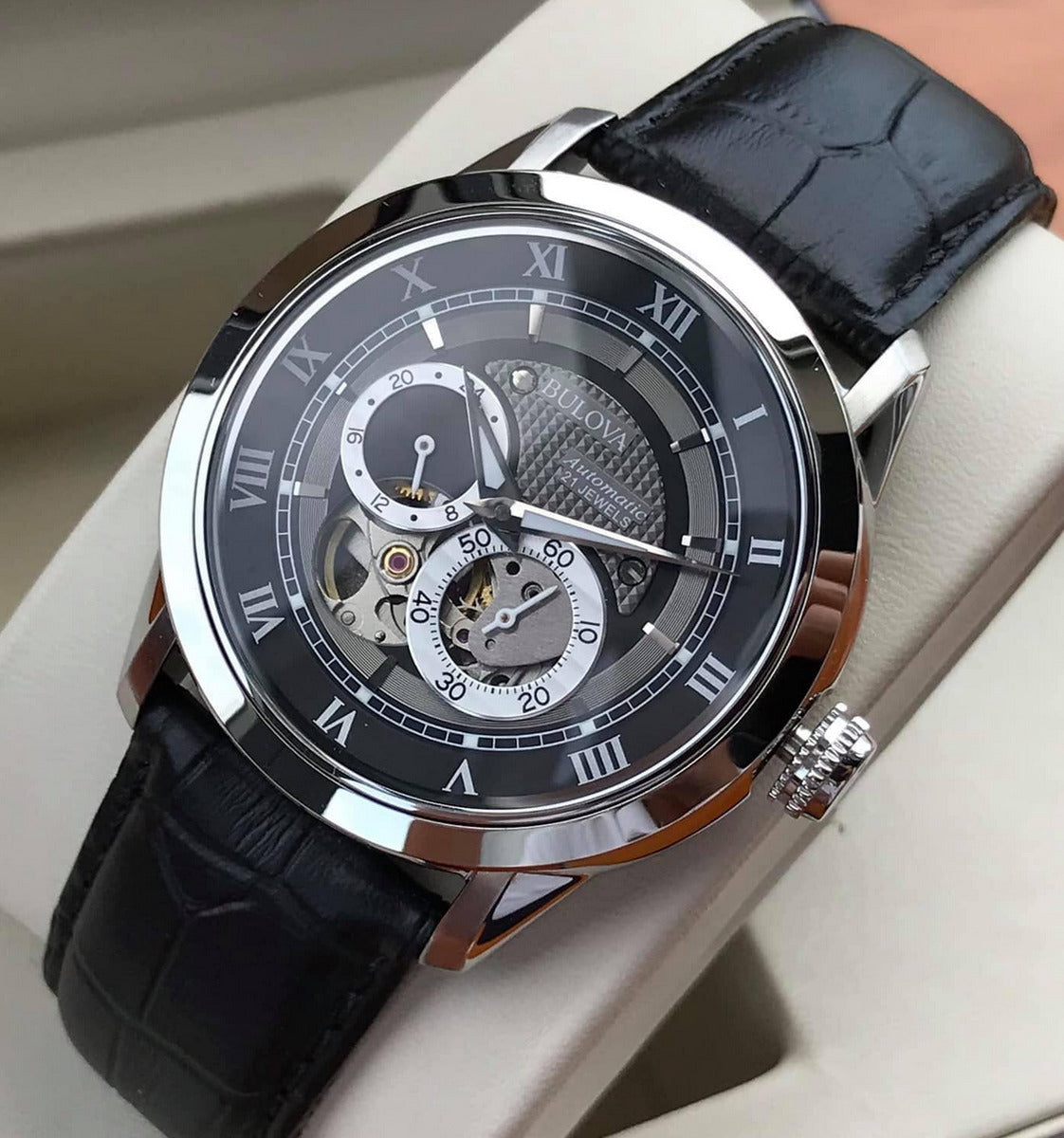  Shop Authentic Bulova BVA Classic Automatic Silver Dial Black Leather Strap Watch for Men - 96A135 - Luxxuri