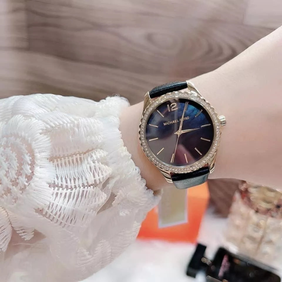  Shop Authentic Michael Kors Layton Three Hand Mother of Pearl Black Dial Black Leather Strap Watch For Women - MK2911 - Luxxuri