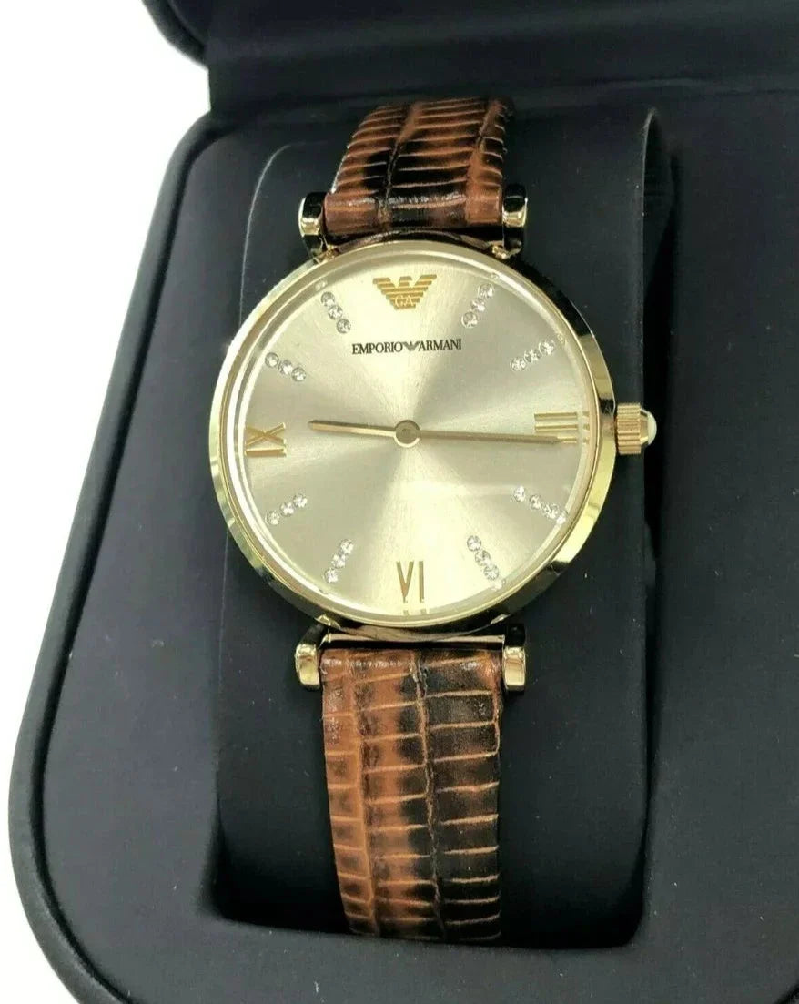 Emporio Armani Gianni T Bar Beige Dial Brown Leather Strap Watch For Women - AR1883