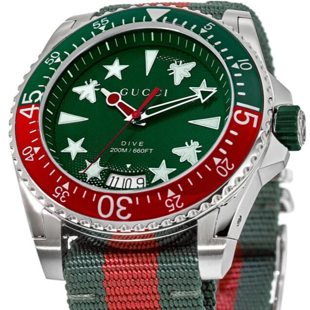  Shop Authentic Gucci Dive Quartz Green Dial Two Tone NATO Strap Watch For Men - YA136339 - Luxxuri