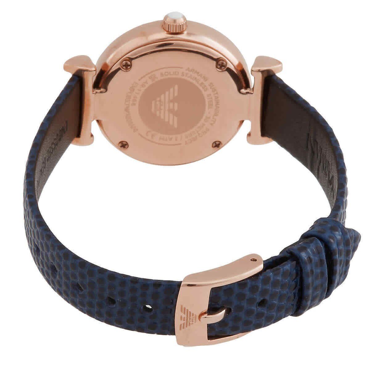  Shop Authentic Emporio Armani Gianni T-Bar Analog Mother of Pearl Dial Blue Leather Strap Watch For Women - AR11468 - Luxxuri