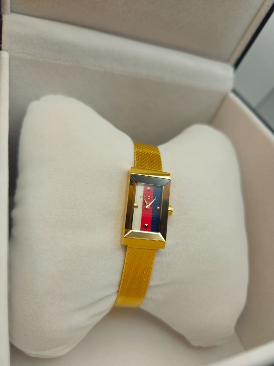  Shop Authentic Gucci G Frame Quartz Diamonds White Red Blue Dial Gold Mesh Bracelet Watch For Women - YA147511 - Luxxuri
