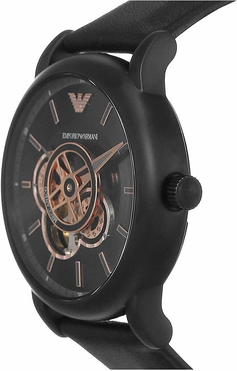  Shop Authentic Emporio Armani Luigi Automatic Skeleton Black Dial Black Leather Strap Watch For Men - AR60012 - Luxxuri