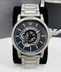  Shop Authentic Emporio Armani Meccanico Automatic Skeleton Black Dial Silver Steel Strap Watch For Men - AR60021 - Luxxuri