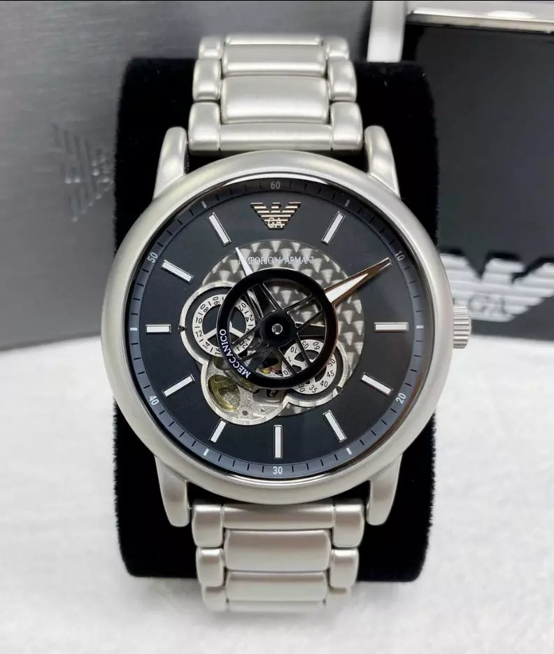  Shop Authentic Emporio Armani Meccanico Automatic Skeleton Black Dial Silver Steel Strap Watch For Men - AR60021 - Luxxuri