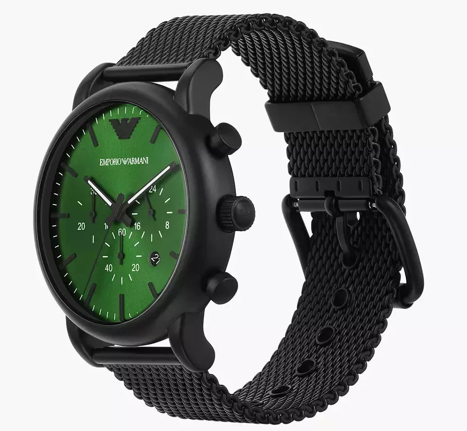  Shop Authentic Emporio Armani Luigi Chronograph Green Dial Black Mesh Bracelet Watch For Men - AR11470 - Luxxuri