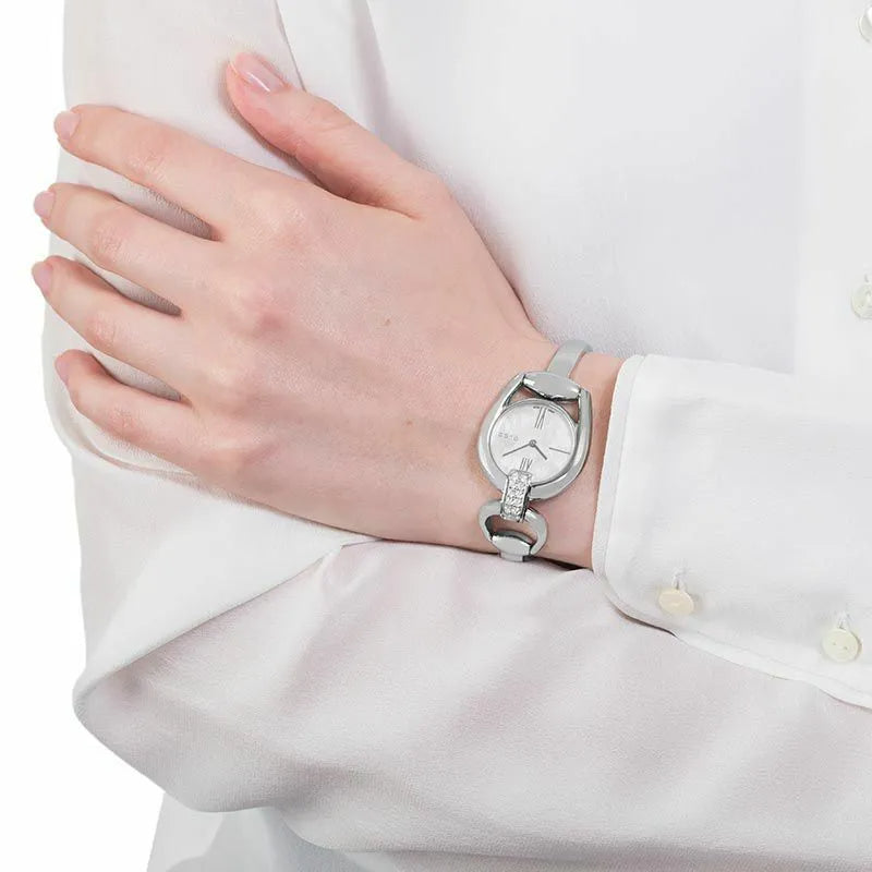  Shop Authentic Gucci Horsebit Collection Diamonds Mother of Pearl White Dial Silver Steel Strap Watch For Women - YA139504 - Luxxuri