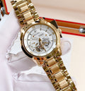 Bulova BVA Skeleton Silver Dial Gold Steel Strap Watch for Men - 97A108