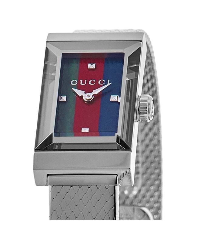  Shop Authentic Gucci G Frame Quartz Diamonds Green & Red Mother of Pearl Dial Silver Mesh Bracelet Watch For Women - YA147510 - Luxxuri