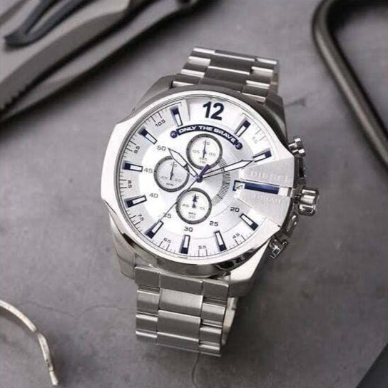  Shop Authentic Diesel Mega Chief Chronograph Silver Dial Silver Steel Strap Watch For Men - DZ4477 - Luxxuri
