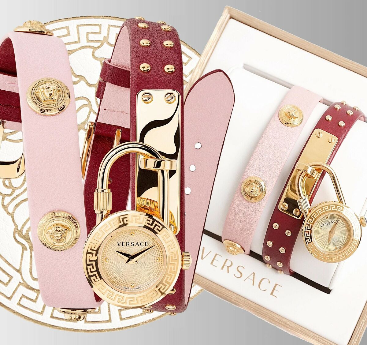 Shop Authentic Versace Medusa Lock Icon Gold Dial Red Leather Strap Watch for Women - VEDW00319 - Luxxuri