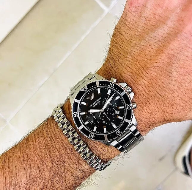 Shop Authentic Emporio Armani Diver Chronograph Quartz Black Dial Silver Steel Strap Watch For Men - AR11360 - Luxxuri